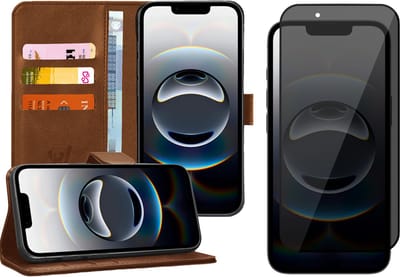 Hoesje geschikt voor iPhone 16e - Privacy Screenprotector Volledig Dekkend Glas - Portemonnee Book Case Bruin