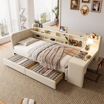 MODFU Bedframe 90x200 cm van linnen en MDF, met hoofdbord, lades en bureau, beige