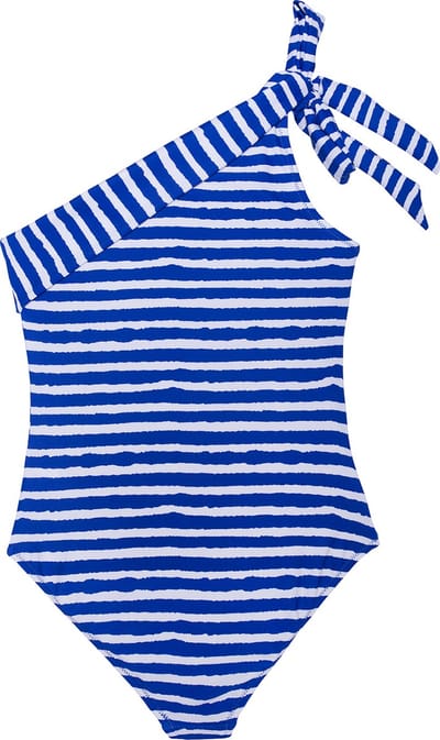 Badpak met een schouder kobalt blauw strepen 116-122