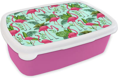 Broodtrommel Roze - Lunchbox - Brooddoos - Flamingo - Jungle - Tropisch - Dieren - Patroon - 18x12x6 cm - Kinderen - Meisje