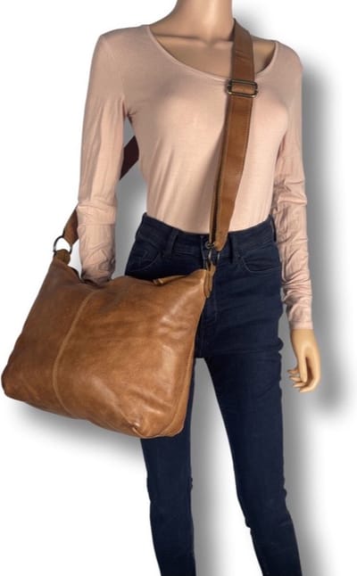 Schoudertas - Bruin - Leer – Crossbody Tass Dames - Cognac - Vintage Leer - Veel ruimte