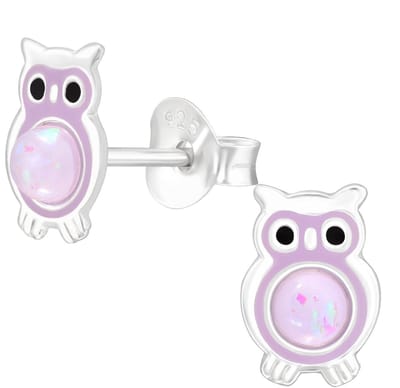 Joy|S - Zilveren uil oorbellen - 7 mm - zilver paars - kinderoorbellen