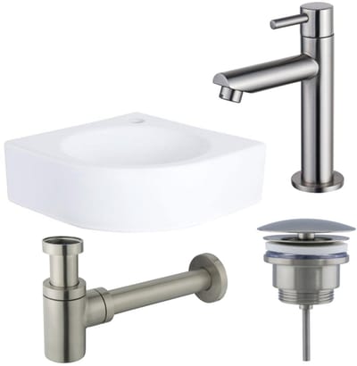 FugaFlow Eccelente Pietra fonteinset - 30x30x10cm - 1 kraangat - hoek - keramiek - fonteinkraan RVS geborsteld - glans wit