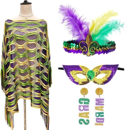 Carnaval Kostuum Vrouwen Set met Sjaal, Maskers, Hoofdbedekking en Oorbellen voor Feest en Cosplay