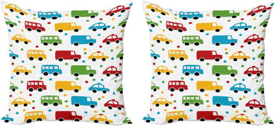 ABAKUHAUS Decoratieve kussenhoezen voor in de auto, 2 stuks, levendige bus, taxi, auto, 45x45 cm, wit, veelkleurig