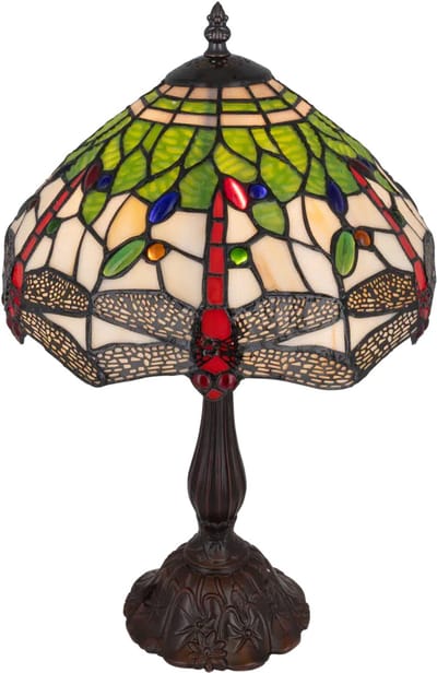 Tiffany tafellamp Libelle - Groen-crème-rood - Ø 30 cm - Glas in lood - Warm licht - Dragonfly - Klassiek | RORUVERA