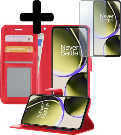 Hoesje - Met Screenprotector - Geschikt voor OnePlus Nord CE 3 Lite - Luxe Pasjeshouder - Bookcase Portemonee - Flip Case - Kunstleer Book Case - Flipcase - Book Cover - Walletcase - Portemonneehoes - Telefoonhoesjes - Rood