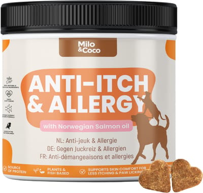 Milo & Coco, Anti-jeuk & Allergie, Rijk aan Noorse zalmolie & Omega 3, Ondersteunt de darmgezondheid & weerstand, Voor honden met een gevoelige huid, honden die krabben en poten likken, 60 Chews