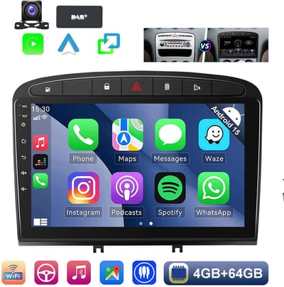 ESSGOO Carplay autoradio voor Peugeot 308 408 2007 t/m 2013 - Android 15 - 4 + 64 GB - Draadloos Apple Carplay & Android Auto - Bluetooth & Wifi RDS FM Navigatie - Achteruitrijcamera - DAB+