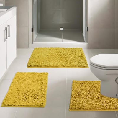 Badkamermatten Set - Badmatten Chenille - Badkamer Inrichting - Super Absorberend - 3 Delig - Geel