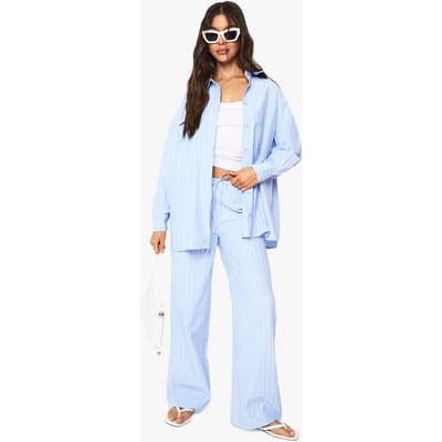 boohoo Dames Stripe Broek met Trekkoord in de Taille en Wijde Pijpen | Blue | Maat: 6