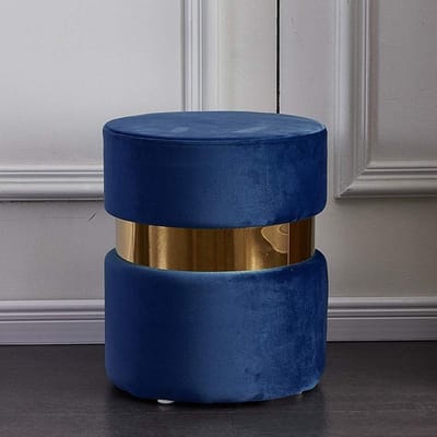 Fluwelen poef - Ronde kruk - Comfortabel zitten - Gouden rand afwerking - 36x45cm - Marineblauw