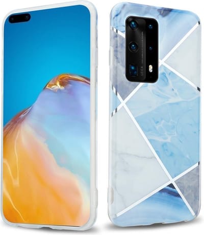 Cadorabo Hoesje geschikt voor Huawei P40 PRO / P40 PRO+ in Blauw Wit Grijs Marmer No. 2 - Beschermhoes gemaakt van TPU siliconen Case Cover met mozaïek motief