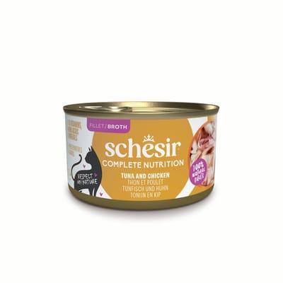 6 x 85g Schesir Complete Nutrition in Broth tonijn en kip natvoer voor katten