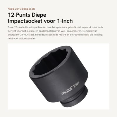 Dailygoods- Impactsocket 12-punts diep - 1-inch aandrijving - 75 mm spindelas - CR-MO staal - Draagtas - Voor autoreparatie - Moersleutel