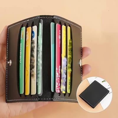 1 porte-cartes en similicuir avec fermeture à bouton-pression, étui à cartes fin pour 8 cartes de crédit/bancaires, permis de conduire, doublure en similicuir, design minimaliste noir
