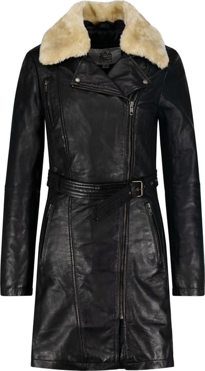 Urban5884® - Milou - Dames Lang Winter Jas Lams Leer Trenchcoat met Riem Faux Fur - Zwart - M