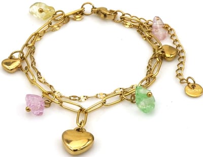 Armband - hartjes met stenen - RVS - 16-21 cm - multicolor – valentijn – cadeau
