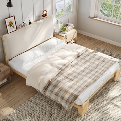 Gestoffeerd bed 140x200 cm - kinderbed - zachte rugleuning met klittenband - met brede bedpoten - houtkleur - zonder matras