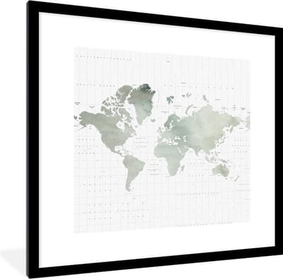 Poster in lijst - Fotolijst 40x40 cm - Posters - Wereldkaart - Grijs - Waterverf - Posterlijst zwart - Decoratie - Wanddecoratie woonkamer - Muurdecoratie slaapkamer