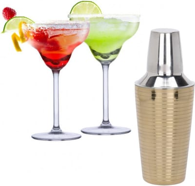 Set van 4x Margarita cocktailglazen met cocktailshaker RVS - 250 ml - Cocktails drinken - Cocktails