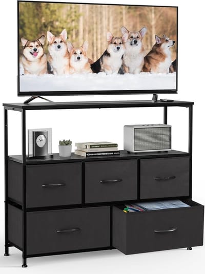 Commode / TV-meubel met 5 Stoffen Laden – 115 × 30 × 80 cm – Dressoir voor Slaapkamer & Woonkamer – MDF Frame – Verstelbare Poten – Modern Zwart, HMTM-SC-5D-BK