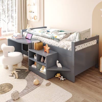 Sweiko Kinderbed - 90 × 200 cm - Met bureau - Stopcontact - Opbergruimte - Houten eenpersoonsbed - Grijs