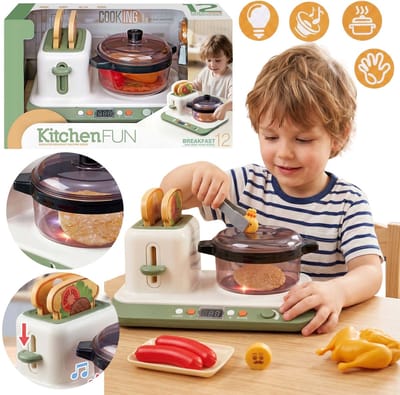 2in1 interactieve speelkeuken op batterijen, elektrisch fornuis, broodrooster + accessoires, licht, geluid 3+