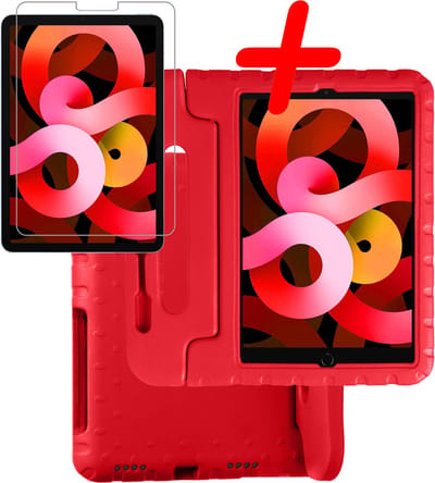 Hoesje Geschikt voor Apple iPad Air 5 (2022) - 10.9 inch - 5e Generatie - M1 - Met Screenprotector - Kinderhoes Shockproof Bumper - Kidsproof Case - Tablet Hoes - Kinder Hoes Cover - Rood