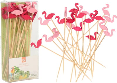 Excellent Houseware Cocktail/tapas prikkers - flamingos - 40x stuks - bamboo - 12 cm