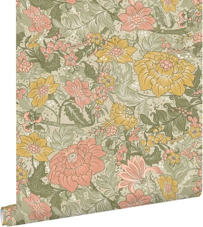 ESTAhome behang vintage bloemen vergrijsd groen, roze en okergeel - 50 x 900 cm - 131195
