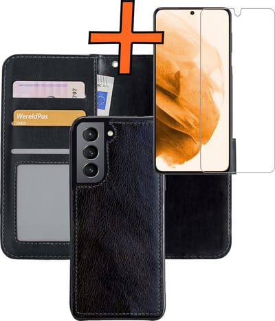 Hoes - 2 in 1 - Geschikt voor Samsung Galaxy S21 - Met Screenprotector - En Uitneembare Hard Cover - Bookcase - Wallet Case - Met Pasjeshouder - Book Case - Uitneembaar - Pashouder - Kunstleer - Zwart