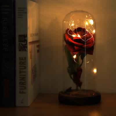 Rose éternelle illuminée par LED avec couvercle en verre et socle en bois - Cadeau de Saint-Valentin ou de mariage - Rouge