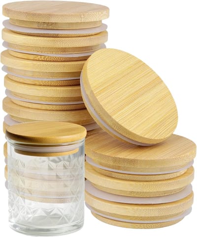 SnelShoppen - Bamboo Loden 80 mm Rond met Siliconen Afsluiting en Ventilatie voor Yoghurt Glazen Bewaarpotten Herbruikbare Houten Loden Set van 20