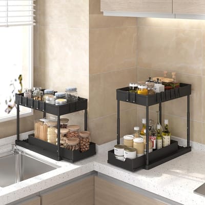 Famanu - Spoelkastorganizer, 2 stuks, Organizer voor onder de wastafel, uittrekbaar opbergrek organizer met haken, Zwart/WIt (2 verdiepingen hefbaar Zwart)