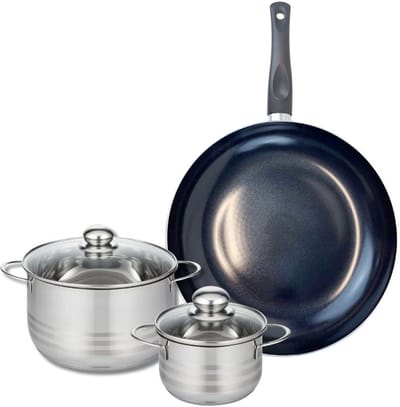 Set van 1 Koekenpan 32 cm en 2 kookpotten 14 en 20 cm Elo Prima Glanzend