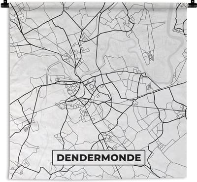 Wandkleed - Wanddoek - Stadskaart – Zwart Wit - Kaart – Dendermonde – België – Plattegrond - 180x180 cm - Wandtapijt