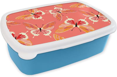 Broodtrommel Blauw - Lunchbox - Brooddoos - Vlinders - Patronen - Roze - 18x12x6 cm - Kinderen - Jongen