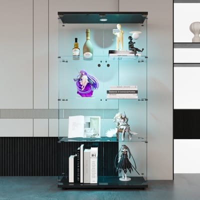 LED Glazen vitrinekast met 4 planken, dubbele glazen deur, LED-verlichting en slot, voor hal, woonkamer, slaapkamer, zwart