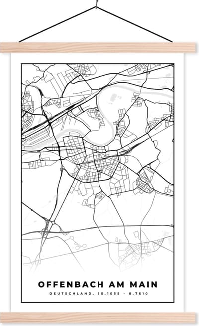 Posterhanger incl. Poster 40x60 cm - Schoolplaat - Plattegrond - Offenbach am Main - Kaart - Stadskaart - Textielposter - Blanke latten - Stadskaart