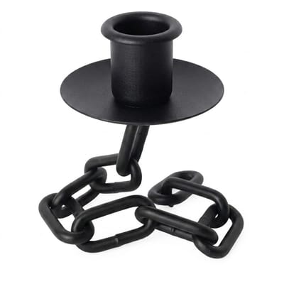 Zwarte metalen kandelaar tafelmodel met ketting basis – kandelaar voor dames en heren – compact decoratief ontwerp met ronde kaarshouder en industriële uitstraling voor tafel en interieur