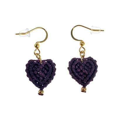 Donkerpaarse Micro-Macramé Hart Oorbellen, Lange Oorbellen, Haakoorbellen, Dames, Verguld RVS, Dames - Handgemaakt door esde2
