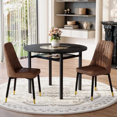Moderne minimalistische ronde tafelset (met 2 bruine fauteuils van technisch textiel en zwarte metalen poten), ronde tafel met een diameter van 100 cm in zwart houtlook, geschikt voor de woonkamer.
