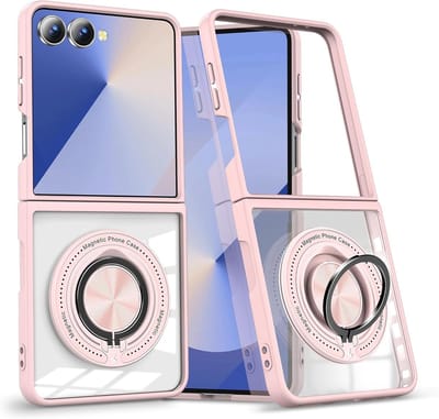 Magsafe Hoesje Geschikt voor Samsung Flip 7 hoesje Rose Goud Transparant - Met kickstand Draaibare Ring Houder