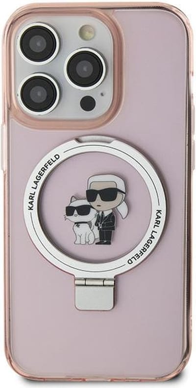 Karl Lagerfeld Ring Stand Serie - Roze MagSafe iPhone 15 Plus Hoesje - Luxueus Ontwerp