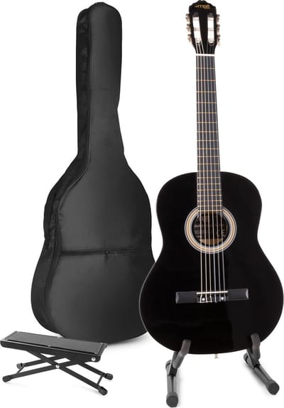 Akoestische gitaar voor beginners - MAX SoloArt klassieke gitaar / Spaanse gitaar 4/4 - Met o.a. 39'' gitaar, gitaar standaard, voetsteun, gitaartas, gitaar stemapparaat en extra accessoires - Zwart