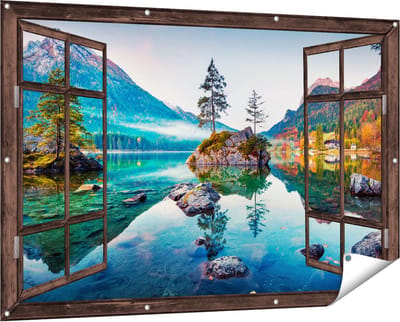 Gards Tuinposter Doorkijk Meer in de Bergen tijdens de Herfst - 150x100 cm - Tuindoek - Tuindecoratie - Wanddecoratie buiten - Tuinschilderij