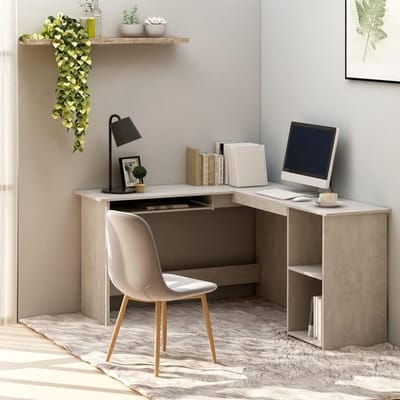 L-vormig bureau - Hoekbureau met opbergruimte - Thuiswerken en studeren - Met verschuifbaar toetsenbord - 120 x 140 cm - Betongrijs