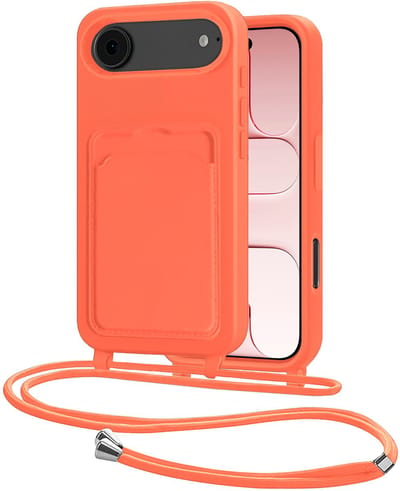 Hoes Geschikt voor iPhone Air Hoesje Pasjeshouder Cover Met Koord Case Siliconen Hoes Met Telefoonkoord en Kaarthouder - Papaya