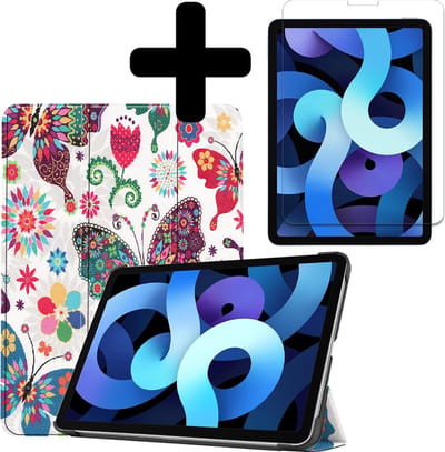 Hoesje - Geschikt voor Apple iPad Air 4 (2020) - 10.9 inch - 4e Generatie - Met Screenprotector - Hardcover Book Case - Trifold Bookcase Hoes - Hard Cover - Tablethoes - Vlinders